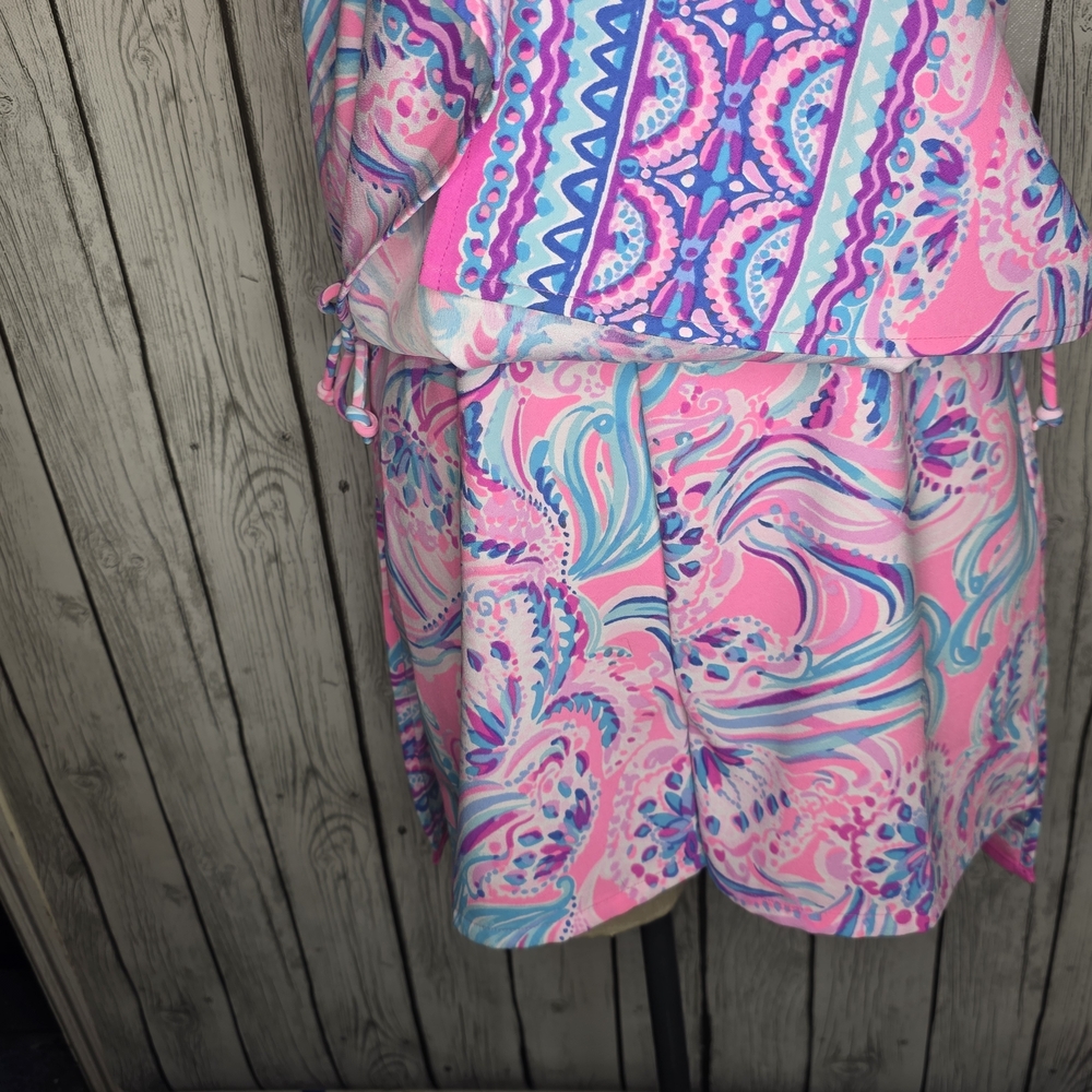 Lilly Pulitzer Mila Shift Romper | Built-in Shorts | Pink Blue Tropical | 6 - Picture 9 of 13
